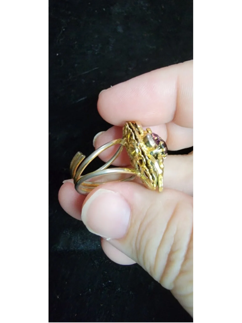 Vintage Gold Tone Filigree Purple Stone Statement Ring Adjustable Size